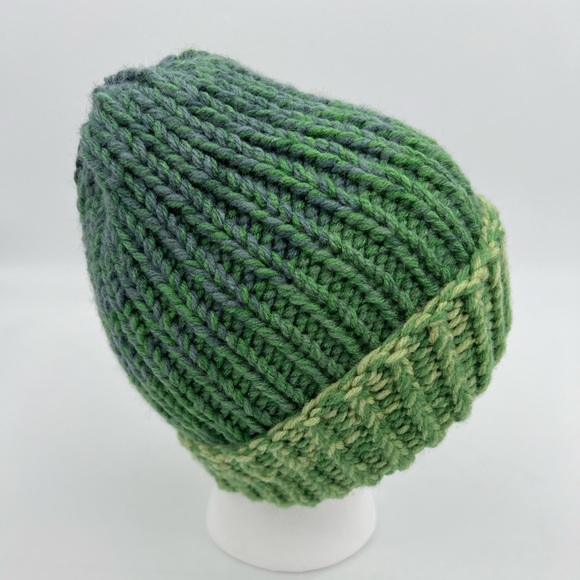 Green Ombré Hand Knit Beanie Handmade - Picture 3 of 5